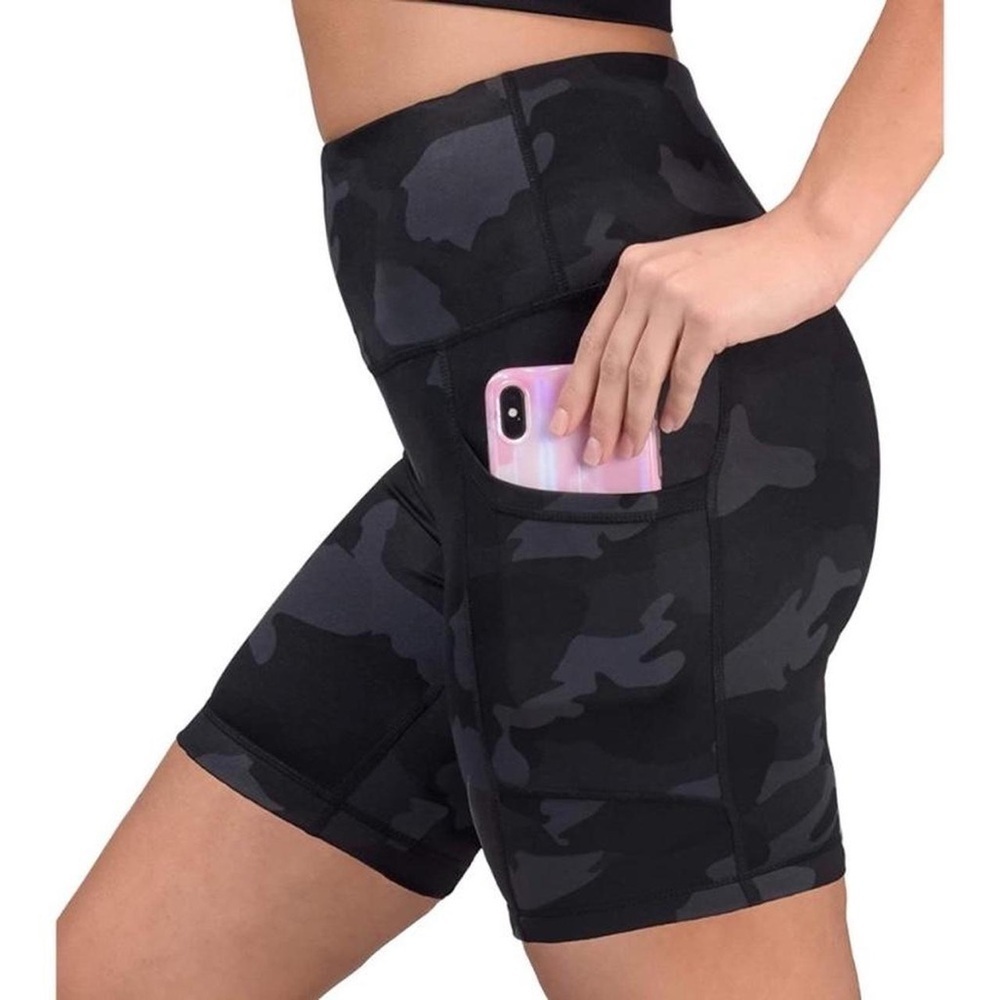 YOGALICIOUS LUX Black Gray Camo High Waisted Pocket Active Workout Shorts Size S